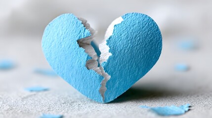 Close up of a textured blue paper heart ripped in the middle symbolizing sadness loss and broken relationships