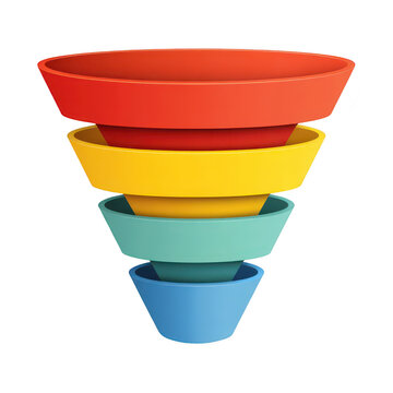 A colorful funnel with four stacked sections in red yellow aqua and blue on a black background
