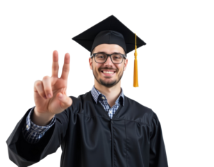 Celebrating graduation young male graduate with cap and gown studio portrait joyful gesture bright background