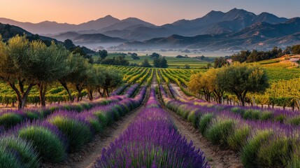 Vibrant Lavender Fields and Green Vineyards Leading to Distant Misty Mountains at Golden Hour, Serene Rural Landscape