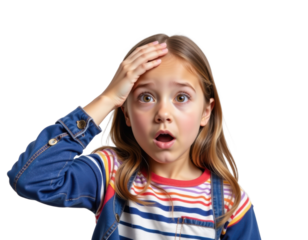 Surprised young girl expresses shock with hand on forehead studio portrait light background close-up emotion