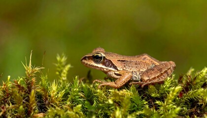 Fototapeta premium A small brown frog sits alertly on vibrant green moss with a soft focus background of foliage