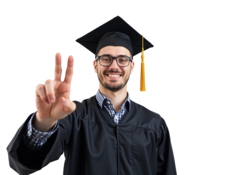 Celebrating graduation young male graduate with cap and gown studio portrait joyful gesture bright background - Powered by Adobe