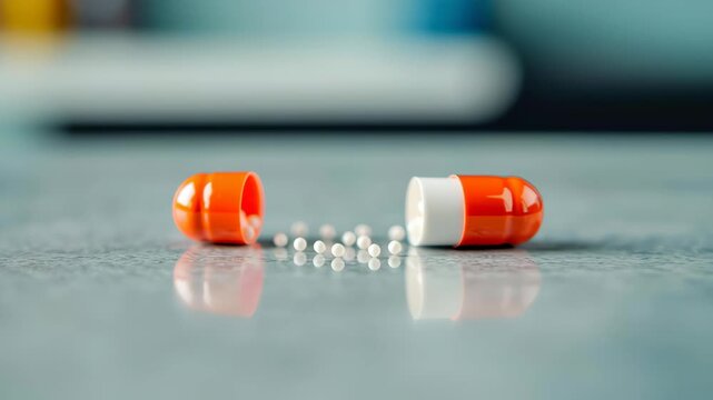 Open capsule orange pill with white cap medicine drug tablet granule healthcare pharmacy sterile macro reflection dosage treatment cure glossy