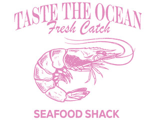 Vintage hand-drawn shrimp logo set. Retro engraved prawn illustrations with typography for seafood restaurant branding, menus, packaging, and fresh market labels.