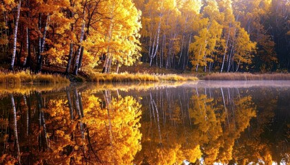 A serene autumn landscape featuring a forest with brightly colored yellow and orange foliage reflected perfectly in the still water of a lake.