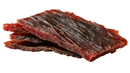 Two slices of dried beef jerky isolated on a white background, a cured meat snack, a savory protein food ingredient, a salty dehydrated steak strip, a tasty appetizer concept.