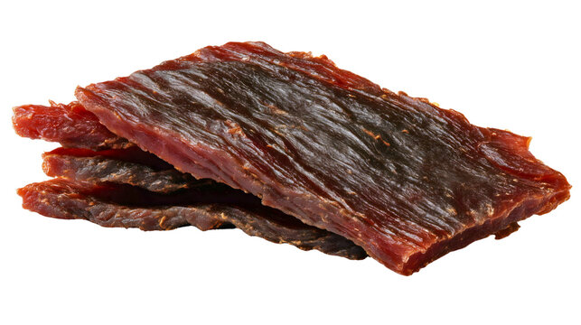 Two slices of dried beef jerky isolated on a white background, a cured meat snack, a savory protein food ingredient, a salty dehydrated steak strip, a tasty appetizer concept.