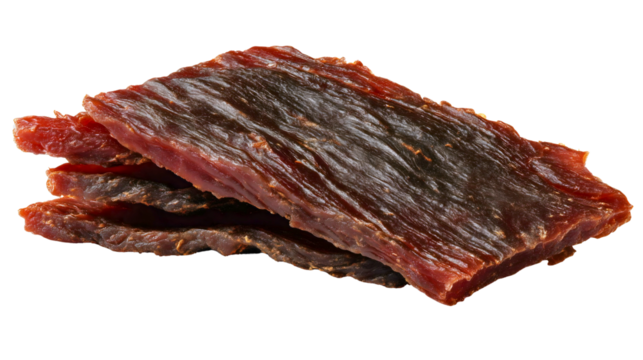 Two slices of dried beef jerky isolated on a white background, a cured meat snack, a savory protein food ingredient, a salty dehydrated steak strip, a tasty appetizer concept.