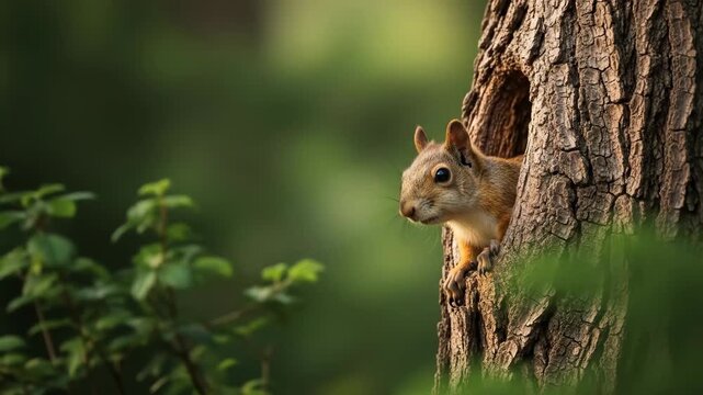 A curious squirrel peeking out of a tree hollow in a lush green forest setting during daytime