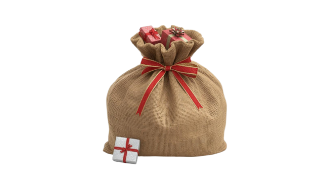 Festive burlap sack full of gifts and presents, tied with a red ribbon, with an additional gift box at its base. Ideal for holiday designs, Christmas promotions, and seasonal greetings. PNG with tr