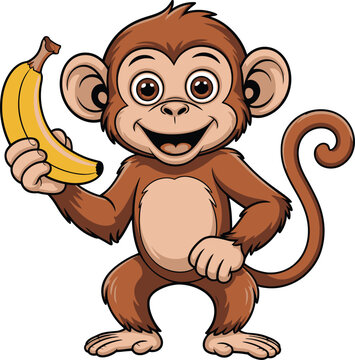 Happy cartoon monkey holding a ripe yellow banana smiling cheerfully