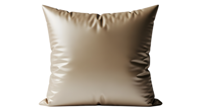 Soft beige square cushion with fabric folds and subtle sheen isolated on a transparent background pillow