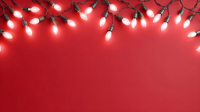 Decorative string lights with warm glowing bulbs are arranged along the upper border of a vibrant red background creating a festive holiday atmosphere