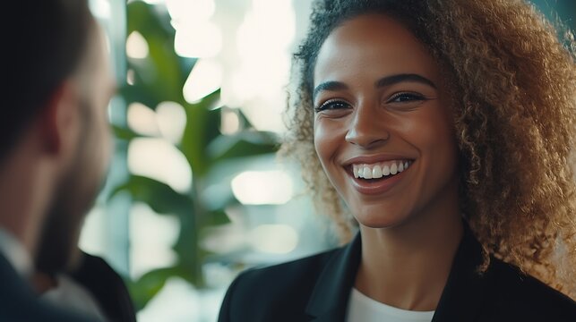 Smiling woman in professional attire engaged in conversation in bright office environment