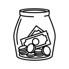 Money jar outline icon, savings container, financial investment, cash accumulation, wealth management