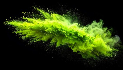 Vibrant green powder explosion frozen in time against a stark black background creating a dynamic abstract cloud of color