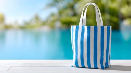 A vibrant striped beach tote bag on a white wooden deck next to a sparkling blue swimming pool surrounded by tropical greenery on a bright sunny day evoking vacation relaxation