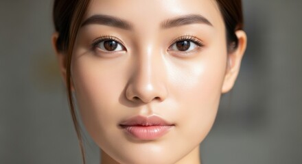 Close up portrait of a young asian woman with clear skin and natural makeup