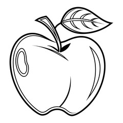 Illustration of a black and white apple with a leaf and stem, outlined in a simple, clean style drawing