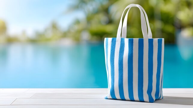 A vibrant striped beach tote bag on a white wooden deck next to a sparkling blue swimming pool surrounded by tropical greenery on a bright sunny day evoking vacation relaxation