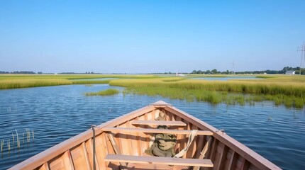 Obraz premium peaceful wooden boat resting on still transparent water in a natural wetlands landscape with soft blue sky