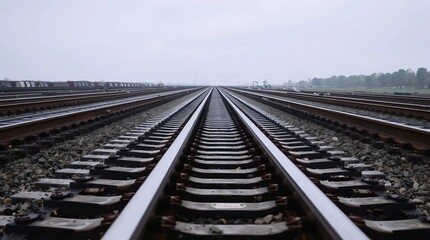 Fototapeta premium long straight railway creating a powerful perspective line disappearing into the far horizon under soft daylight