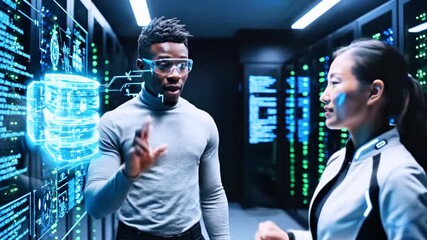 Two tech professionals in a server room analyzing digital data and futuristic interfaces - Powered by Adobe