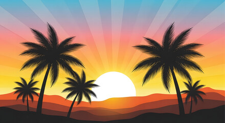 Tropical sunset vector background illustration with palm trees and bright sun