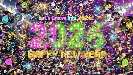 A vibrant and groovy disco party celebration for a Happy New Year 2026 with colorful confetti and music
