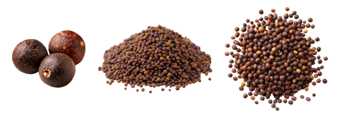 Set of spice, brown mustard seeds, isolated on a transparent background.
