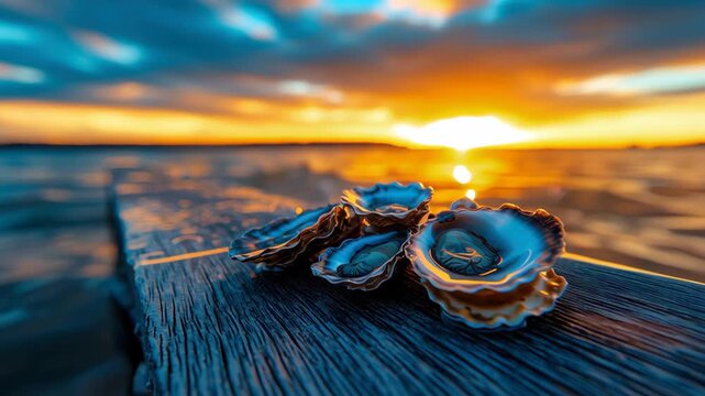 Sunset beach seashell on driftwood in golden light, ocean horizon calm water and colorful sky, serene seascape mood with macro detail and texture