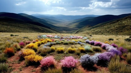 A circular arrangement of colorful wildflowers creates a striking contrast against the muted tones of a vast, rolling landscape.