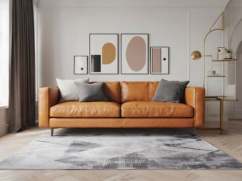 Modern living room with a stylish tan leather sofa abstract art on the wall and a textured rug on the floor - Powered by Adobe