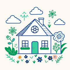 Cute house with flowers isolated on in spring season