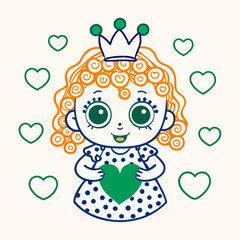 Cute little princess  doll with curly hair holding a heart 