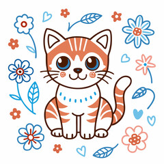 Cute cartoon ginger cat surrounded by flowers