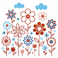 Cheerful flower garden with blue clouds 