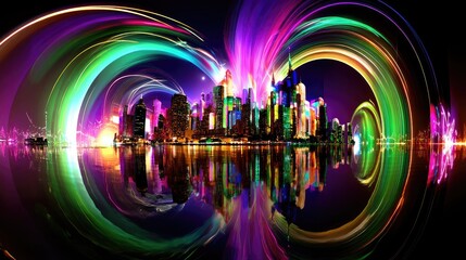 A city skyline at night is illuminated by colorful light trails that create a swirling effect, reflected in the calm water below.