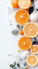 A bright and refreshing arrangement of sliced and whole oranges, accented by small white flowers, green leaves, and scattered droplets on a clean white surface.