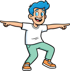 Cartoon boy character with blue hair, dynamic pose, cheerful expression, casual outfit, energetic stance, playful gesture, vibrant style, isolated vector illustration for fun and youth concepts