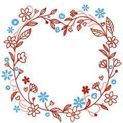 Hand drawn floral wreath isolated on with flowers and leaves