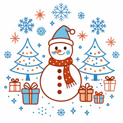 Cute snowman with christmas tree and gift 