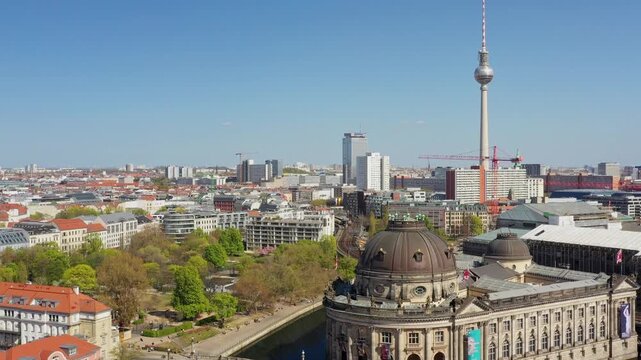 Aerial view of the Bode Museum and Fernsehturm Berlin, a vibrant contrast of historical architecture and modern infrastructure, Berlin, Berlin, Germany.