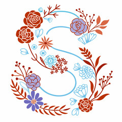 Letter S floral monogram isolated on, decorative alphabet design