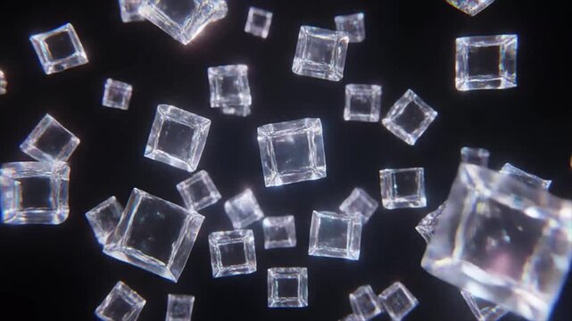 Floating ice cubes with glittering crystals inside, creating a magical drink effect in a captivating scene.