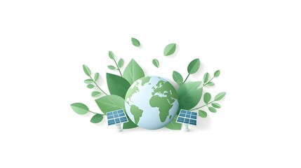 A graphic representation of Earth adorned with vibrant leaves and flanked by solar panels symbolizing clean energy ecological balance and a commitment to a sustainable future