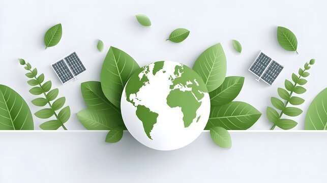 Green leaves embrace a stylized Earth globe accompanied by solar panels highlighting the importance of renewable energy eco friendly practices and global conservation