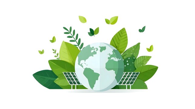A vibrant stylized depiction of planet Earth surrounded by lush green foliage and advanced solar panels conveying a message of environmental conservation renewable power and a sustainable future
