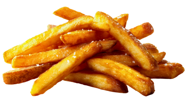 A pile of crispy French fries isolated on a white background, a heap of fried potato chips with salt, a delicious fast food snack, a yellow junk food ingredient, a tasty side dish meal.